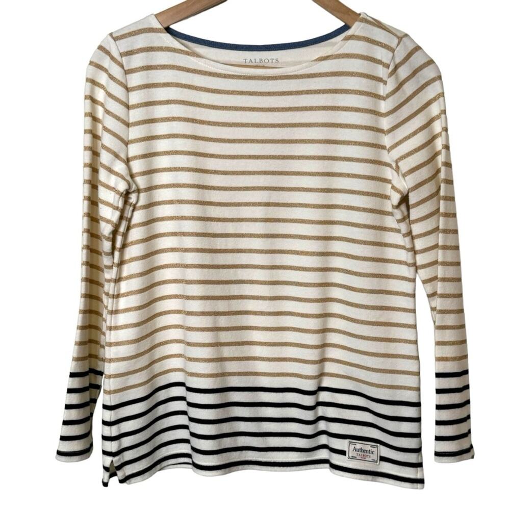 Talbots Size Sp Small Petite Metallic Gold Striped Long Sleeve Pullover Shirt
